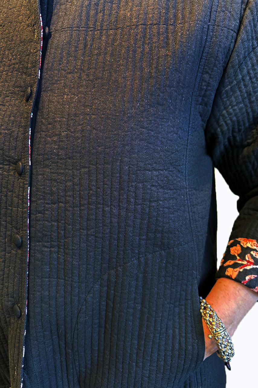 Cotton Quilted Long Reversible Jacket - black CRLJ-B