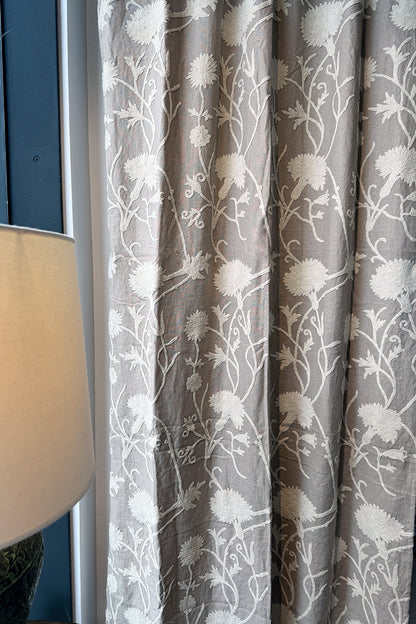 Crewel Embroidered Linen Curtain with white embroidery - CUL-W