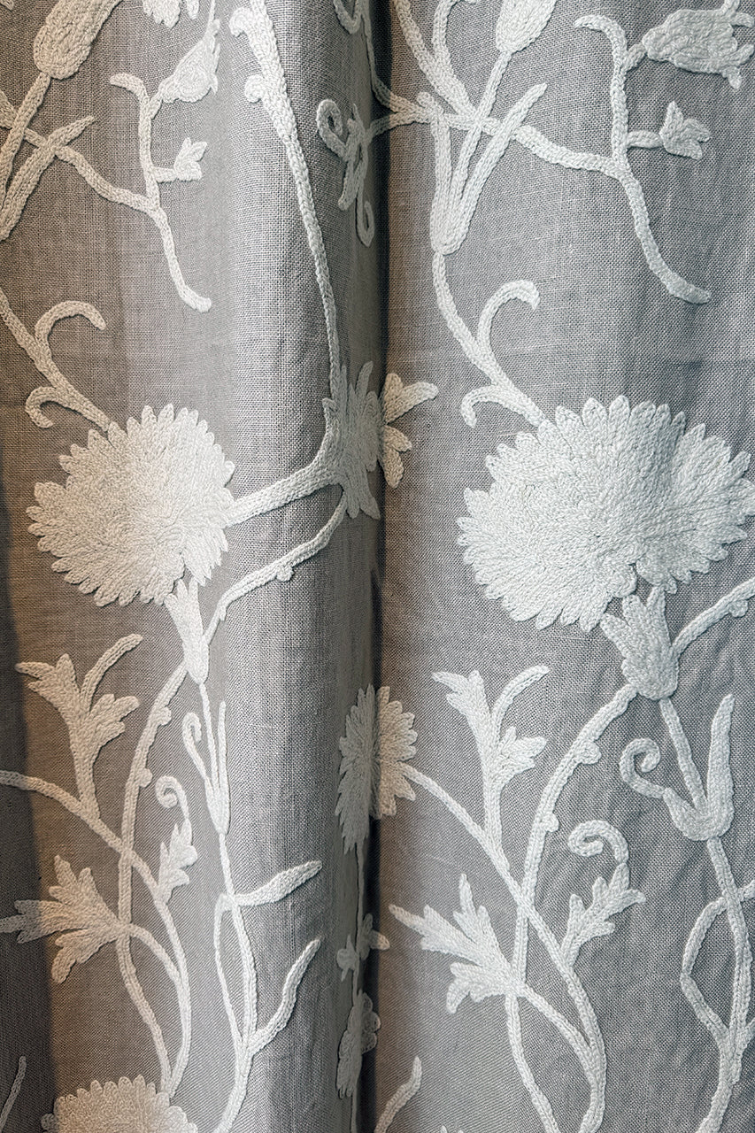 Crewel Embroidered Linen Curtain with white embroidery - CUL-W