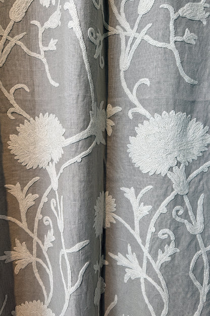 Crewel Embroidered Linen Curtain with white embroidery - CUL-W