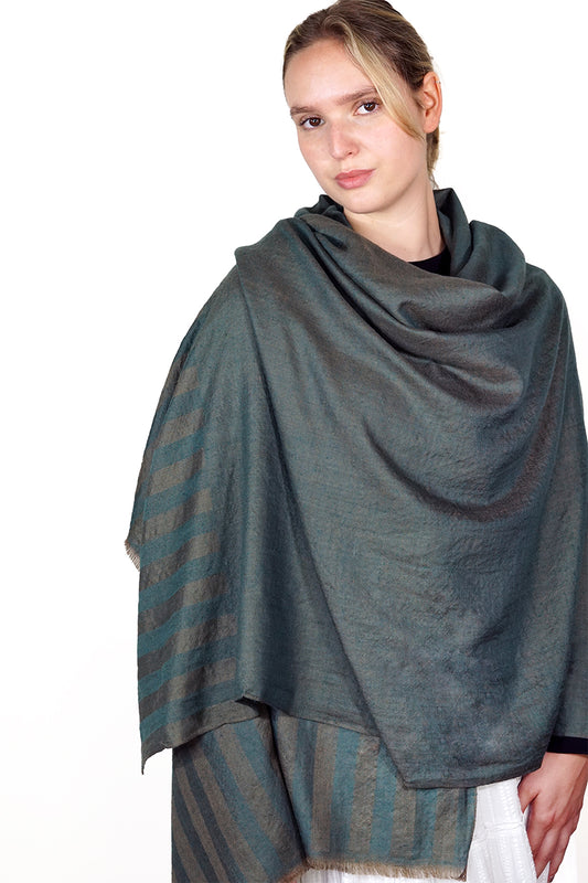 Pashmina Striped Shawl - teal green and black