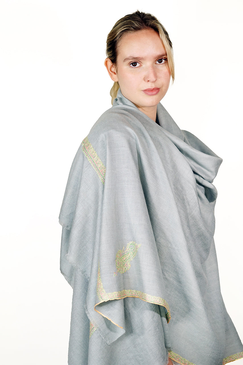 Pashmina Embroidered Shawl - pale grey blue