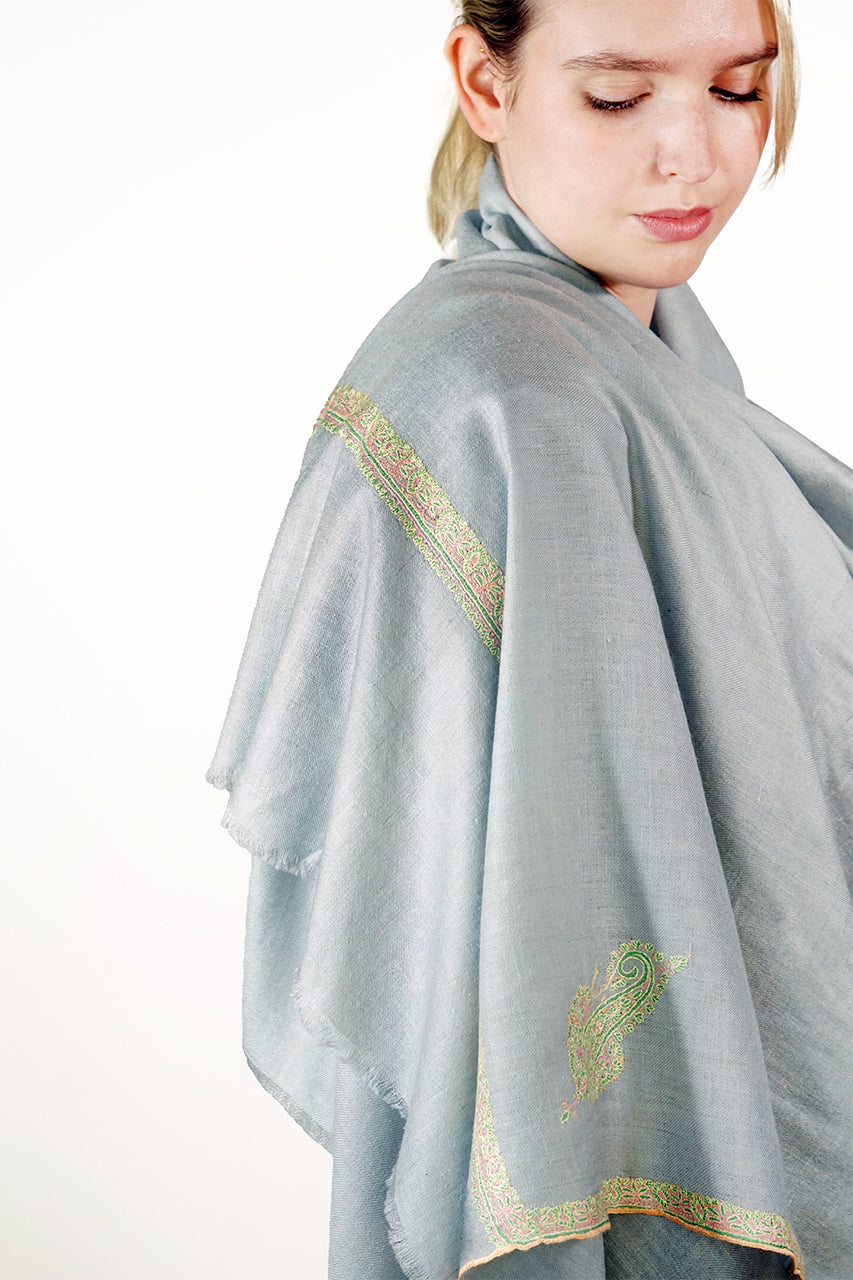 Pashmina Embroidered Shawl - pale grey blue