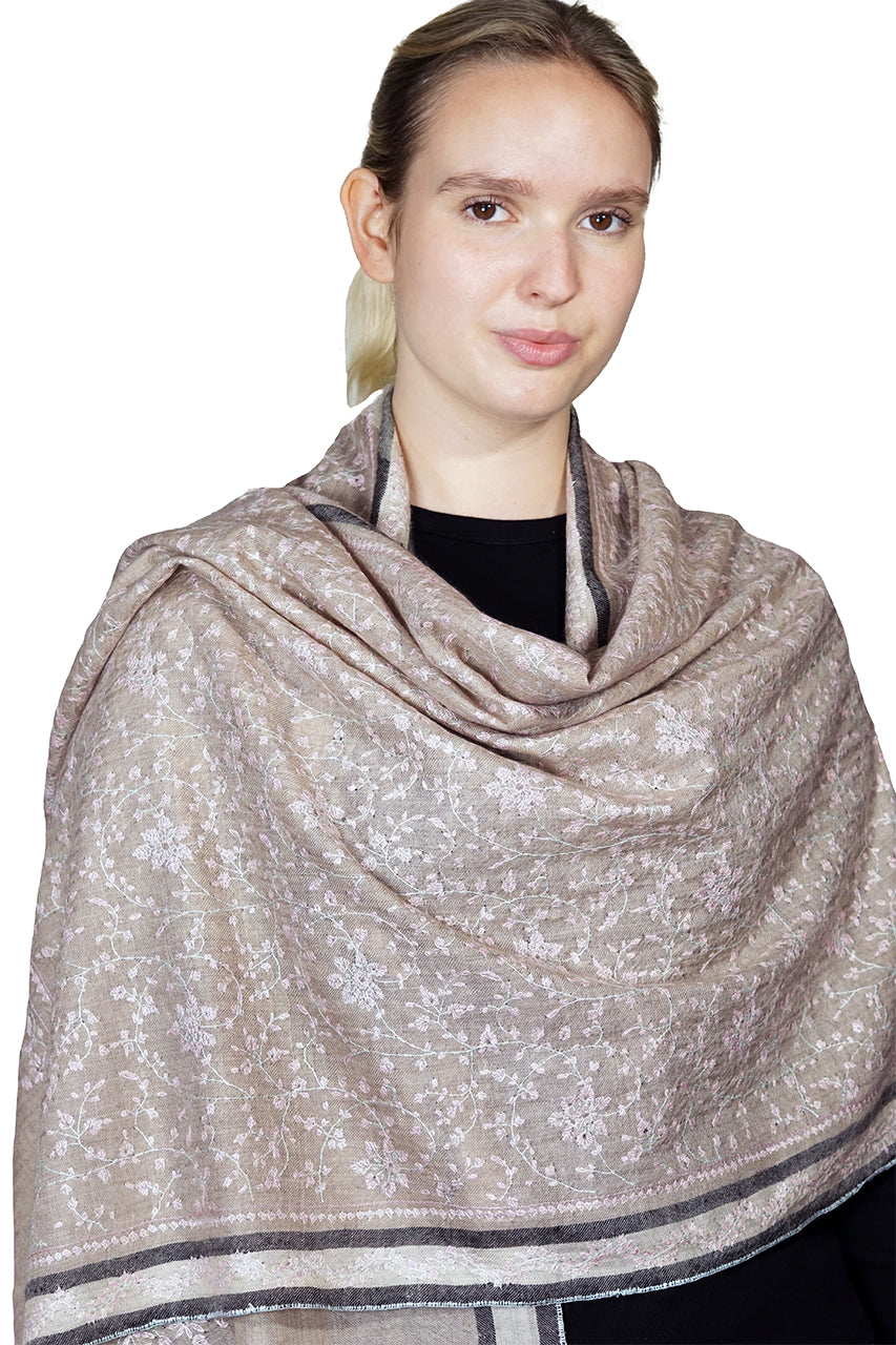 Pashmina Embroidered Scarf - natural with stripe